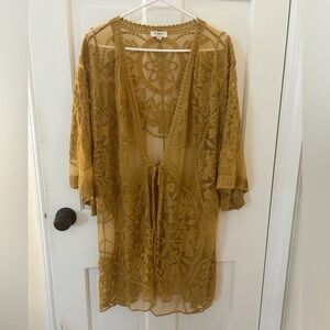 UMGEE MUSTARD YELLOW EMBROIDERED SHEER KIMONO WITH FRONT TIE SIZE MEDIUM